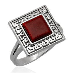 Pierścionek srebrny GRECKI WZÓR KWADRAT z czerwonym piaskiem pustyni 925
