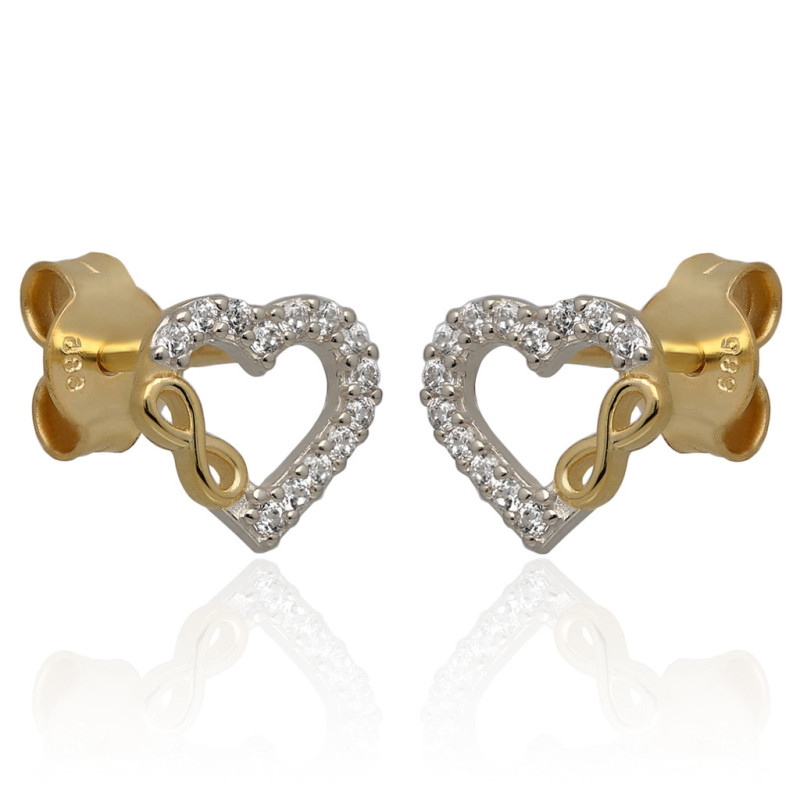ZŁOTE kolczyki sztyft z cyrkoniami serce serduszka nieskończoność 585