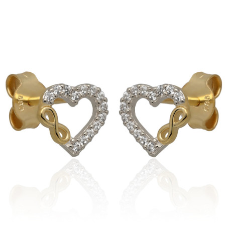 ZŁOTE kolczyki sztyft z cyrkoniami serce serduszka nieskończoność 585