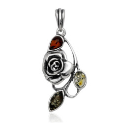 Srebrna ZAWIESZKA wisior RÓŻA z bursztynem SREBRO 925