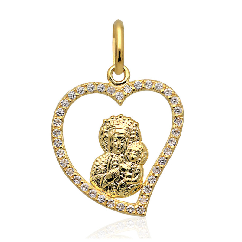 Złoty Medalik Matka Boska CZĘSTOCHOWSKA SERCE z cyrkoniami ZŁOTO 585