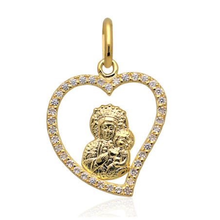 Złoty Medalik Matka Boska CZĘSTOCHOWSKA SERCE z cyrkoniami ZŁOTO 585
