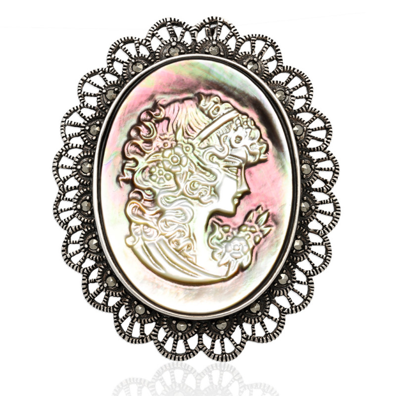 Broszka Srebrna KAMEA z markazytem i masą perłową SREBRO 925